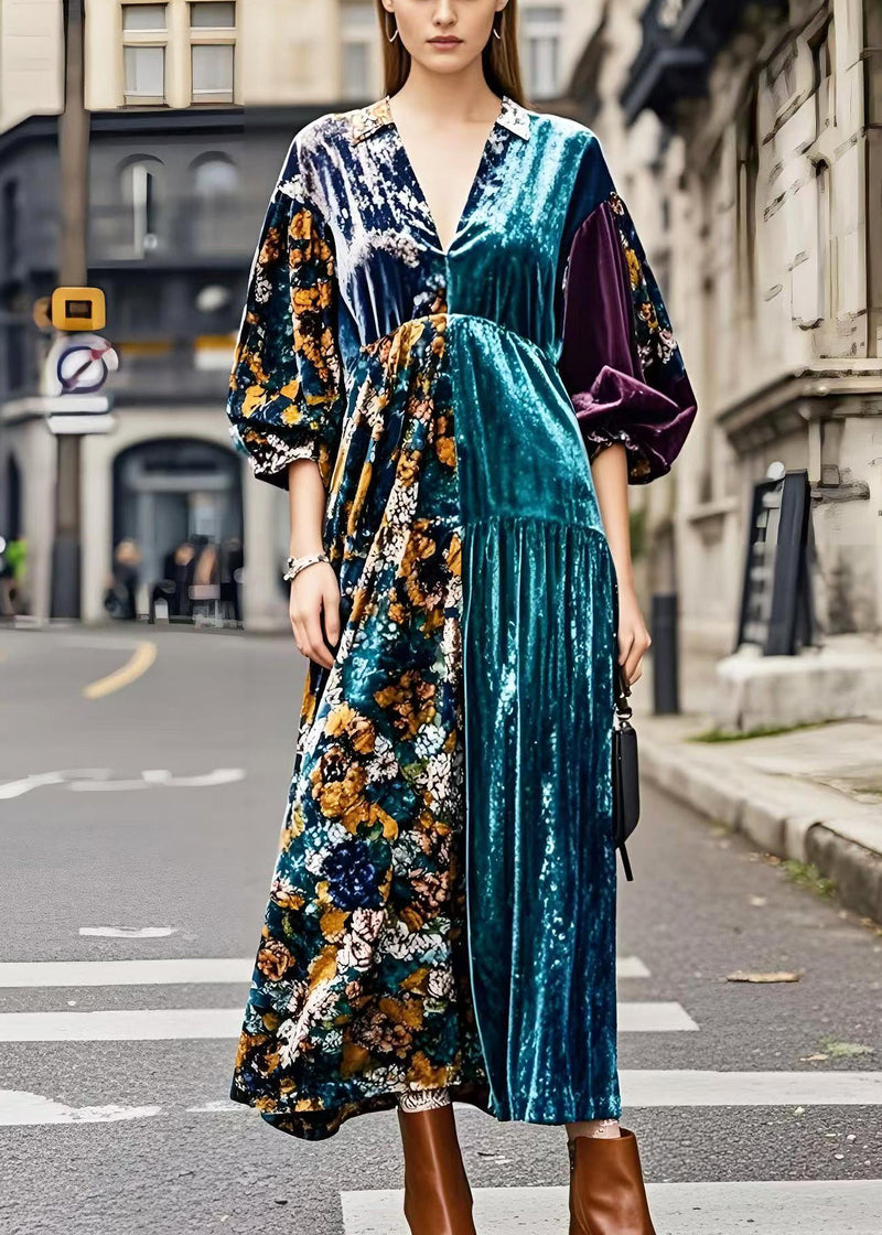 Colorblock V Neck Patchwork Silk Velour Maxi Dresses Spring