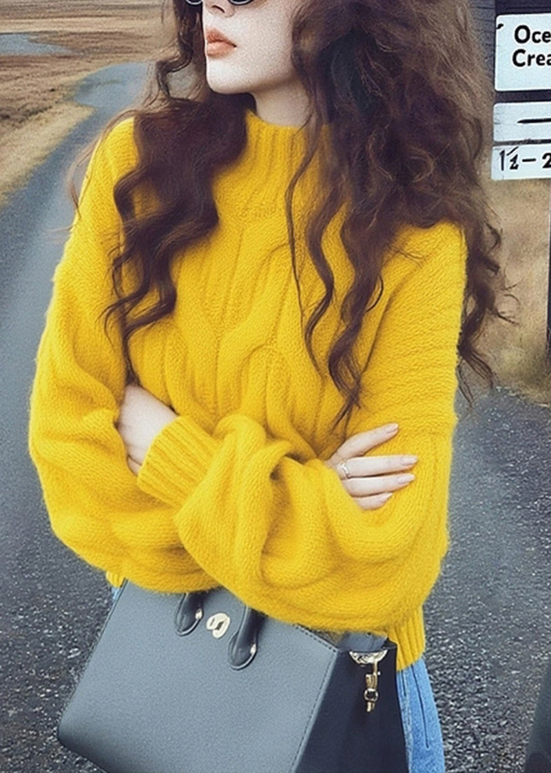 Simple Yellow Stand Collar Cable Knit Short Sweater Spring