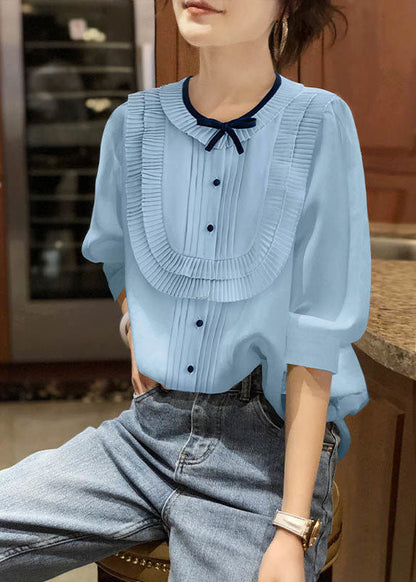 Blue O-neck Patchwork Bow Wrinkled Chiffon Shirt Bracelet Sleeve Summer