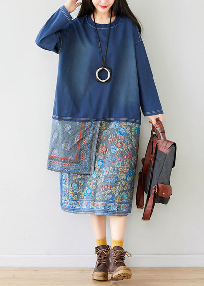 Blue Patchwork Print Sweatshirt Dresses Spring