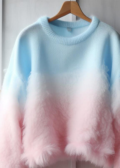 Gradient Color Fluffy Patchwork Cozy Cotton Knit Sweaters Fall