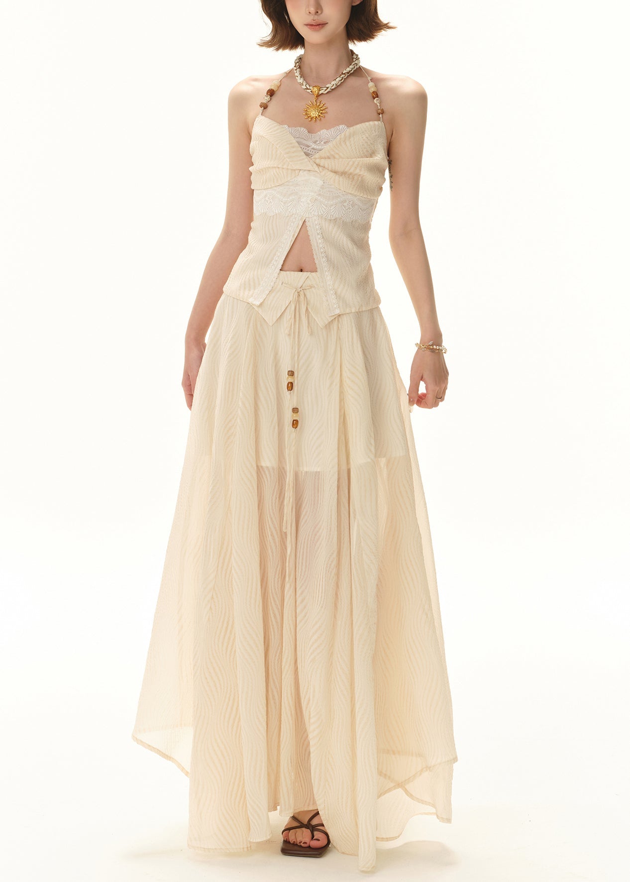 Apricot Lace Tops and Skirts Patchwork Two Pieces Set Sleeveless