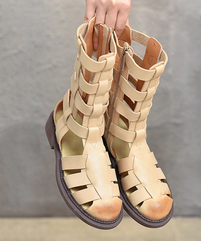 Beige Cowhide Leather Splicing Cross Strap Boots