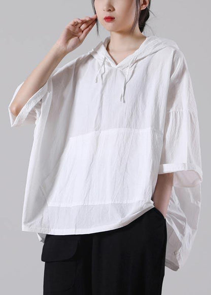White Hooded Cotton Tops Summer