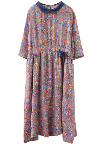 Tie Waist Print Pockets Fall Mid Dress Half Sleeve