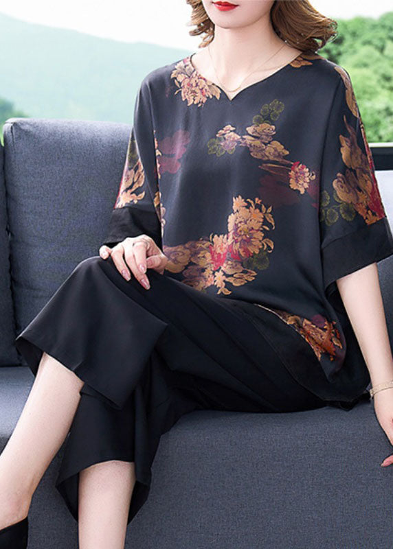 Handmade Black O-neck Asymmetrical Patchwork Print Silk Two Pieces Set Batwing Sleeve