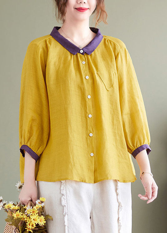 Yellow Peter Pan Collar Patchwork Linen Shirt Top Bracelet Sleeve