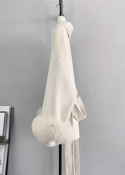 Beige Tie Waist Fox Patchwork Woolen Coats Winter