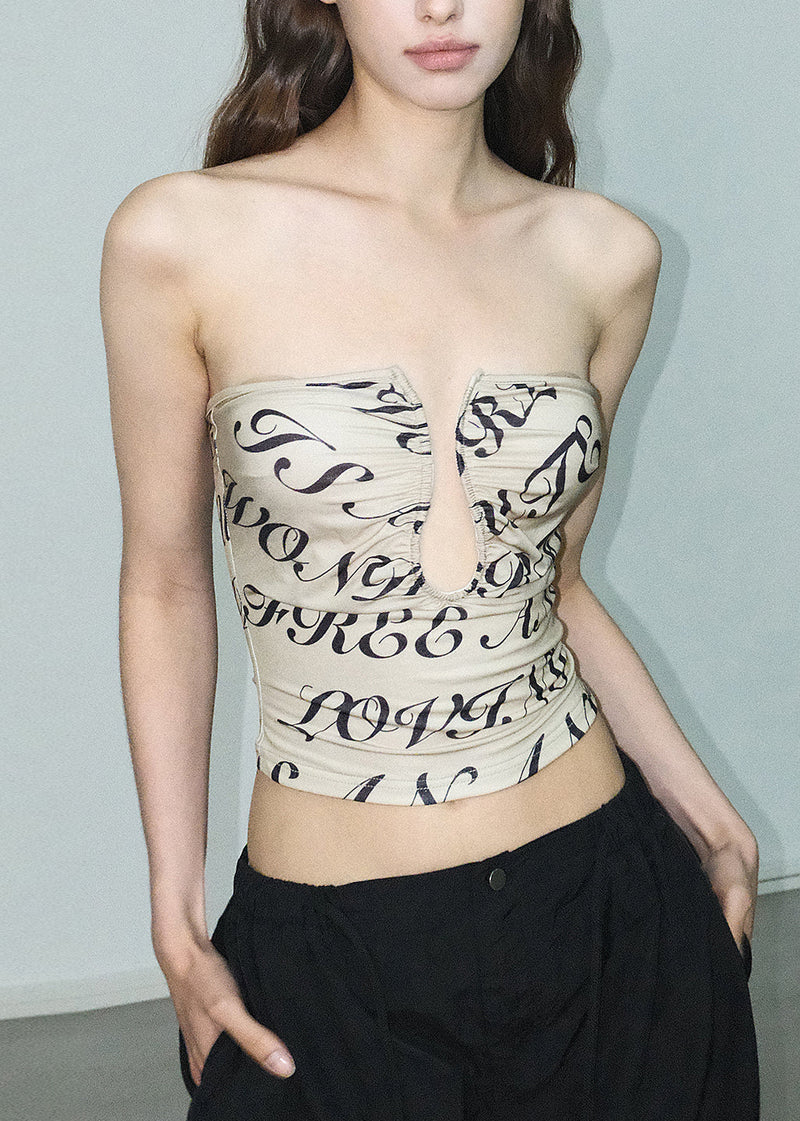 Khaki Print Hollow Out Cotton Strapless Top Summer