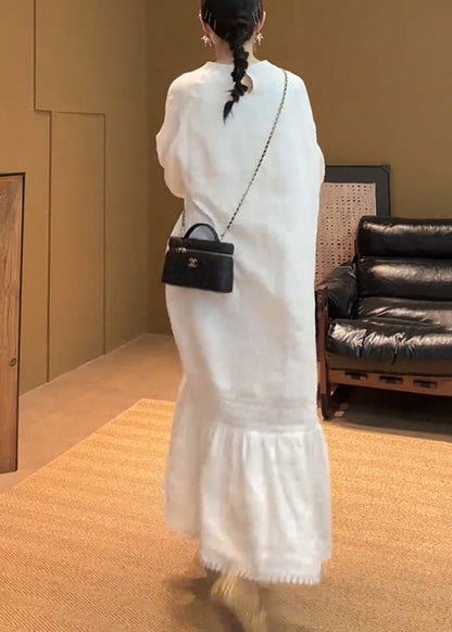White O Neck Pockets Cotton Long Dress Summer
