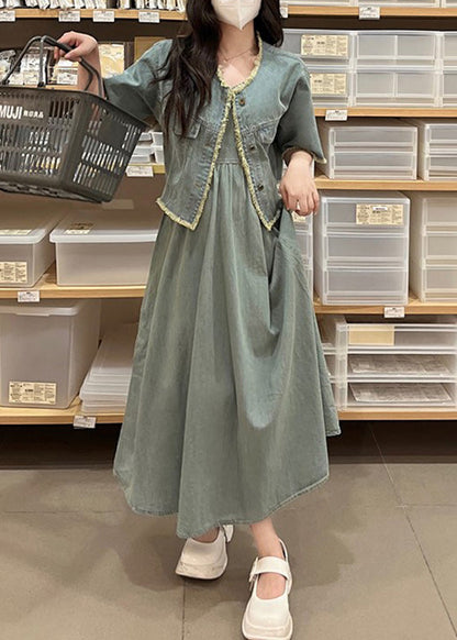 Denim Blue O-neck Patchwork Coats and Long Dress Two Piece Set Short Sleeve