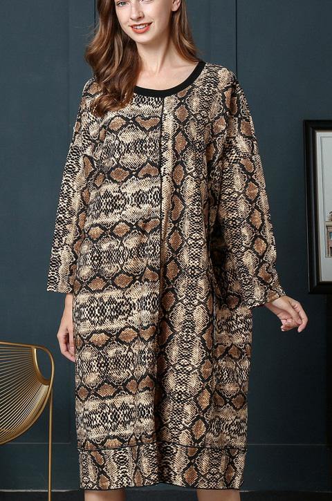 Art Leopard O-neck Cotton Long Sleeve Spring Long Dress