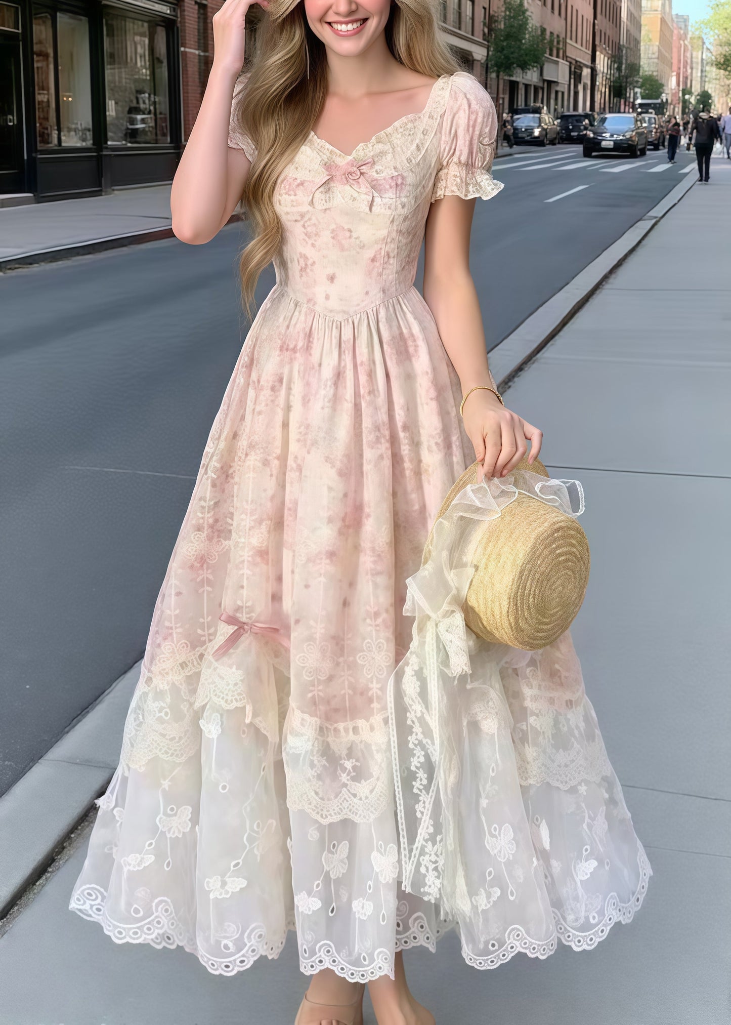 Pink Puff Sleeve Patchwork Bow Party Dress Summer