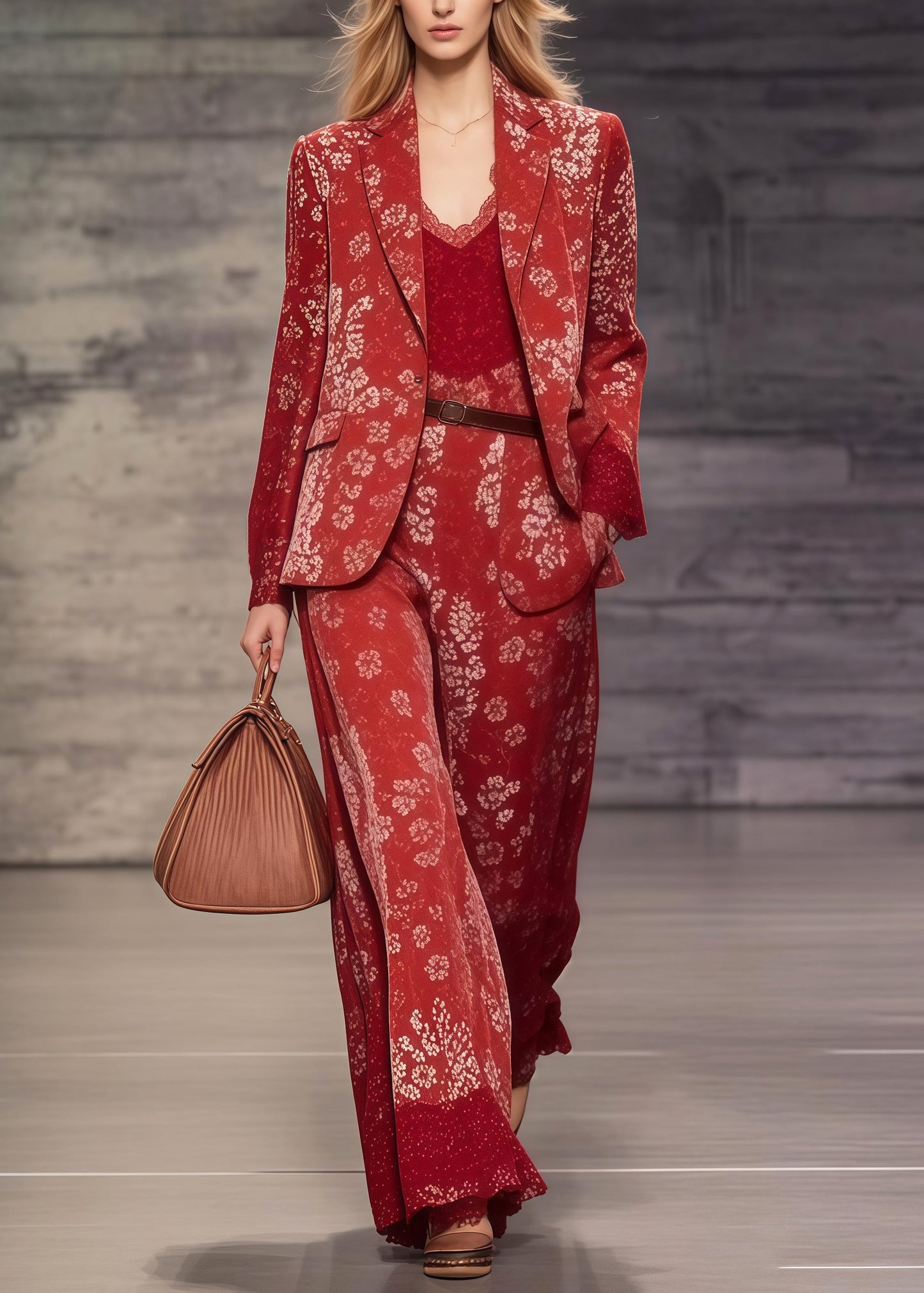 Red Notched Print Spandex Coats and Jumpsuits Two Pieces Set Spring