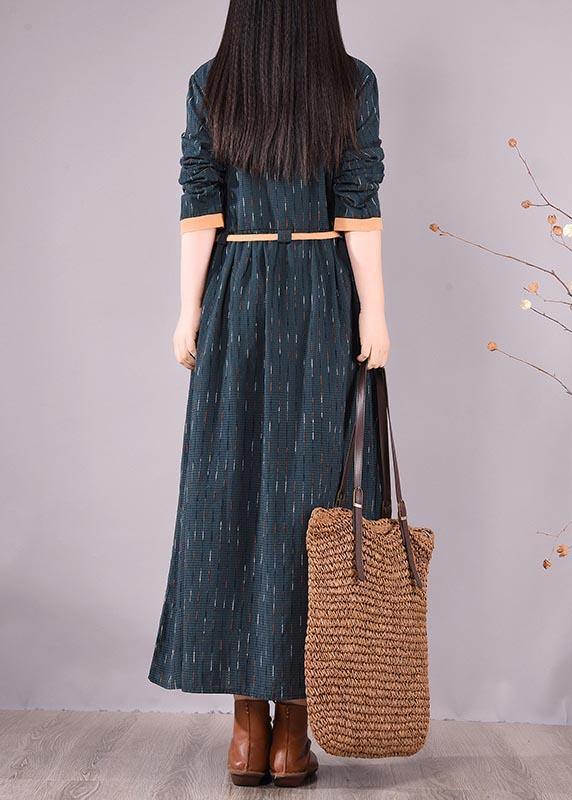 Blue Striped Quilting Clothes O Neck Tie Waist Long Spring Dresses