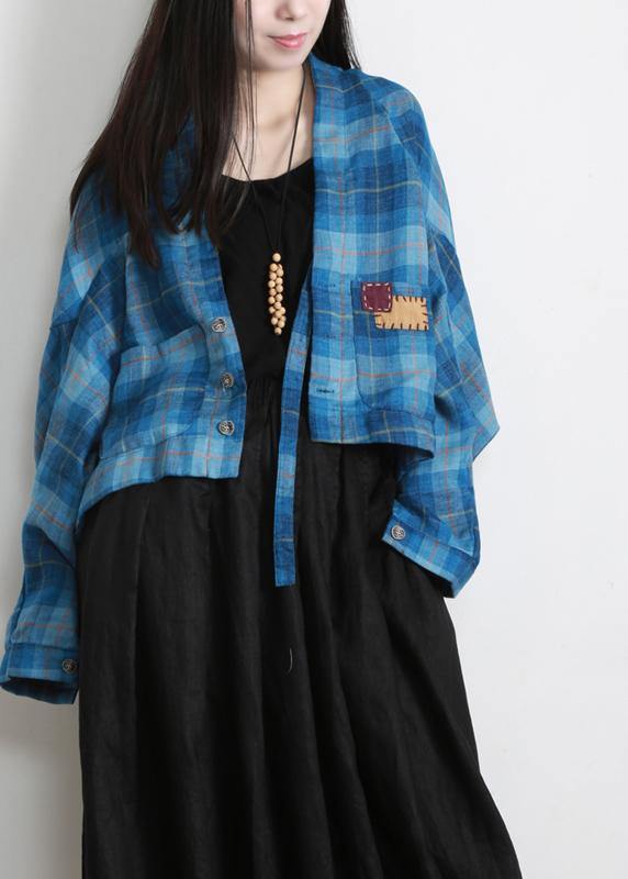 Blue Plaid Batwing Sleeve Linen Summer Shirt Tops