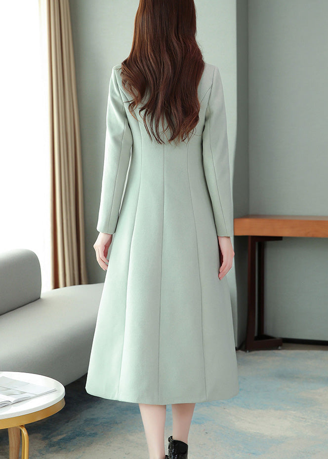 Mint Green Embroideried Woolen Maxi Trench Coat Long Sleeve