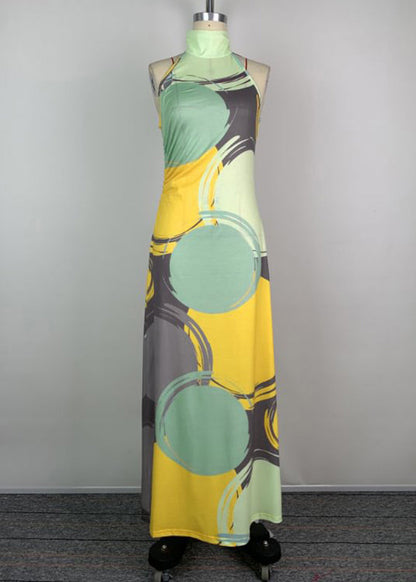 Slim Fit Green Turtleneck Print Cotton Maxi Dress Sleeveless Summer