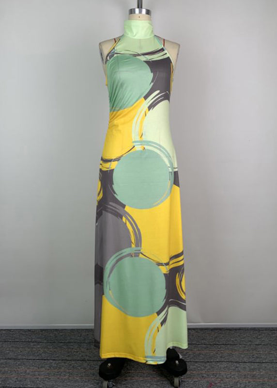 Slim Fit Green Turtleneck Print Cotton Maxi Dress Sleeveless Summer
