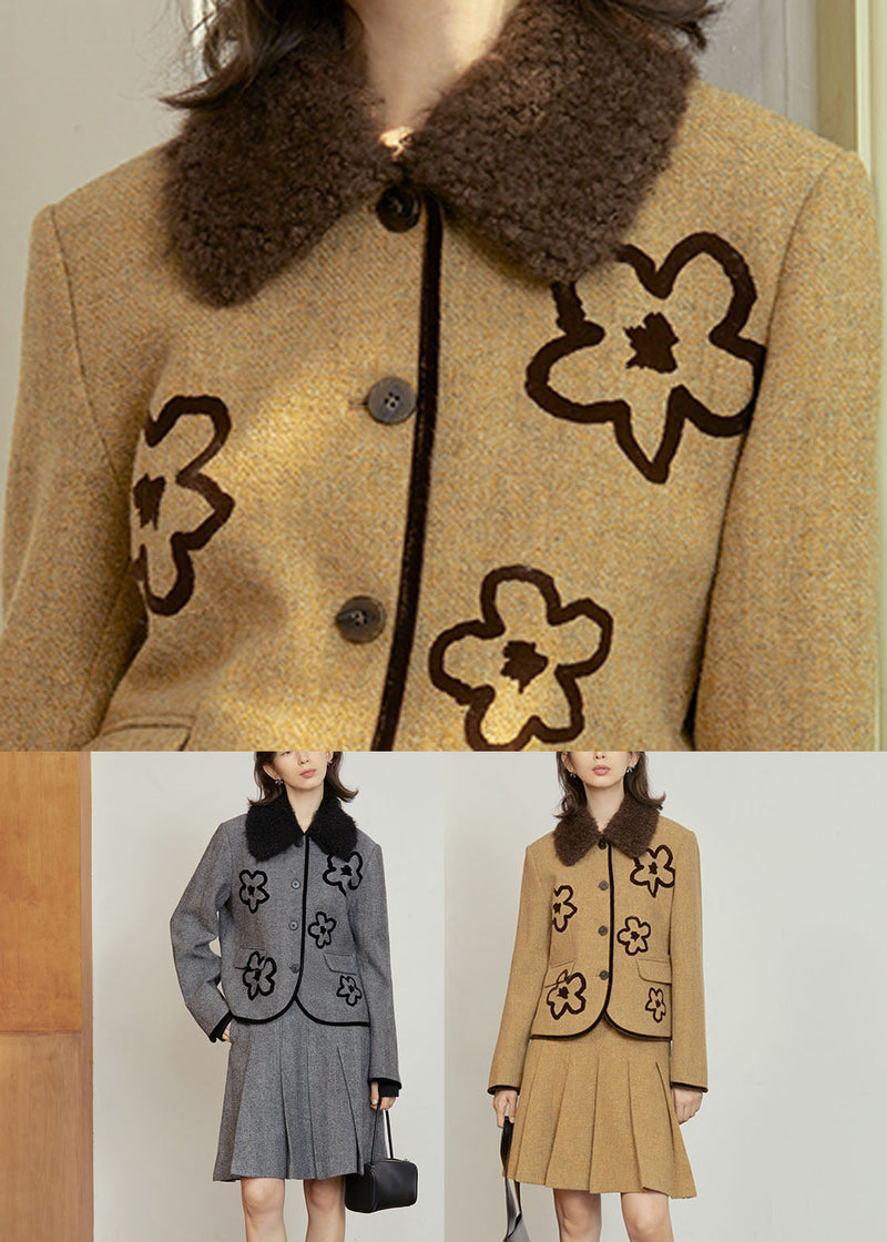 Ginger Peter Pan Collar Woolen Coat and Skirts Two Pieces Set Long Sleeve