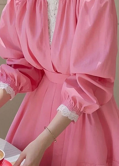 Slim Fit Pink Lace Patchwork Cotton Blouse Fall