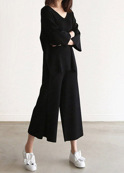 Black Knit Top and Wide Leg Pants Two Pieces Set Spring