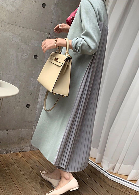 Light Green Wrinkled Patchwork Cotton Winter Sweatshirt Dresses O Neck