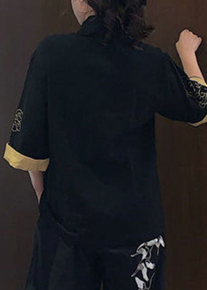 Black Button Stand Collar Embroideried Cotton Tops Half Sleeve