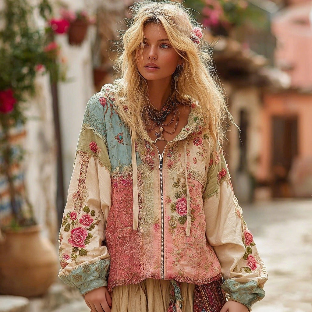 Comstylish Women's Floral Embroidery Color Block Boho Casual Zip-up Hoodie