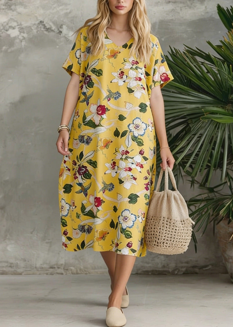 Yellow V Neck Print Loose Cotton Dress Summer