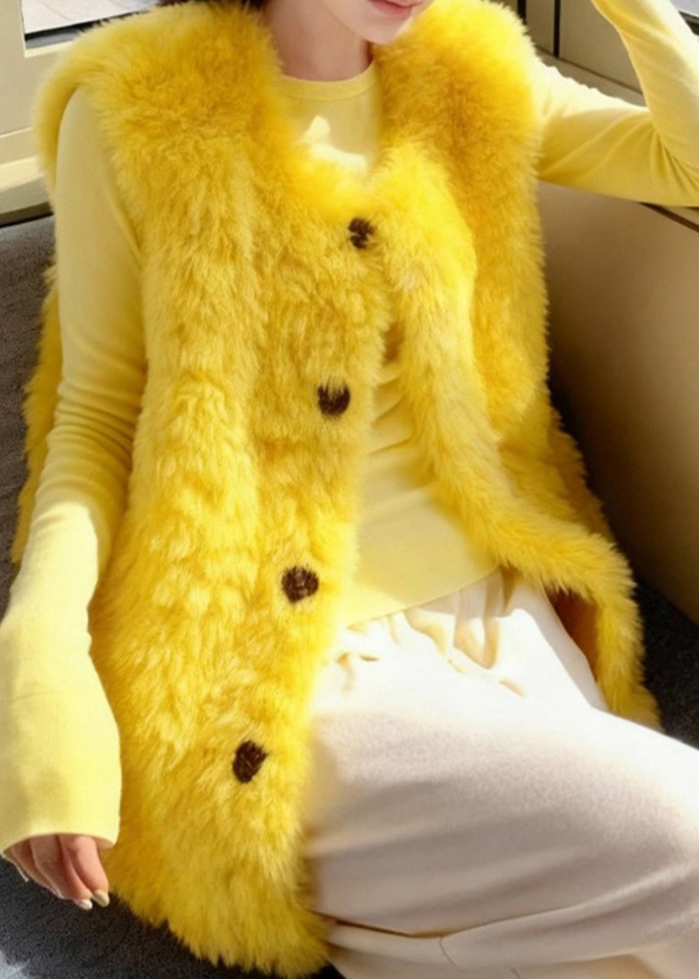 Yellow Oversized Fuzzy Fur Fluffy Vests Winter