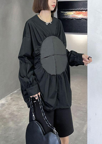 Boutique Black O-neck Patchwork Button Fall Long Sleeve Blouse Top