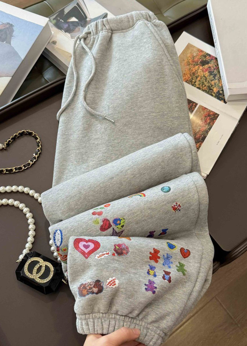 Loose Grey Print Elastic Waist Cotton Beam Pants Spring
