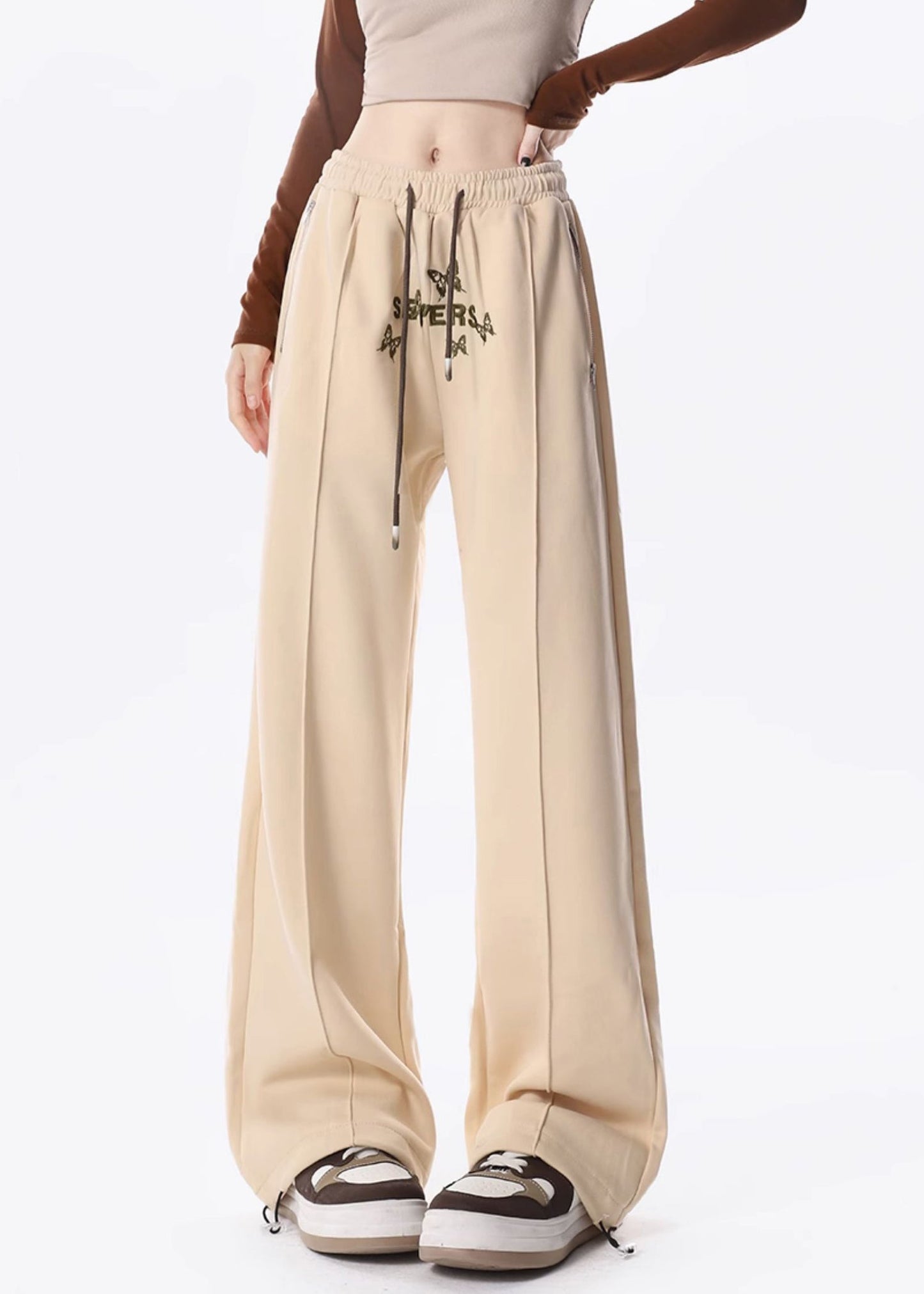 Apricot Butterfly Embroideried Warm Fleece Wide Leg Pants Spring
