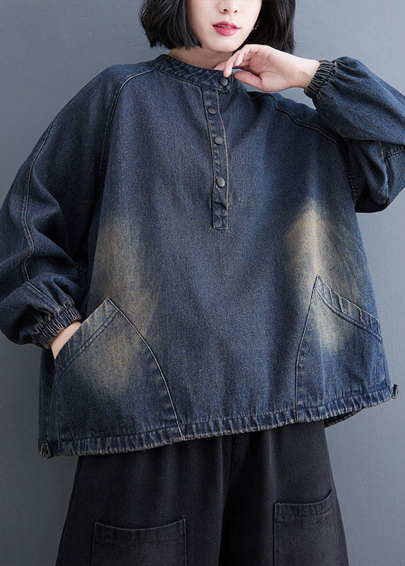Blue Stand Collar Pockets Drawstring Denim Tops Spring