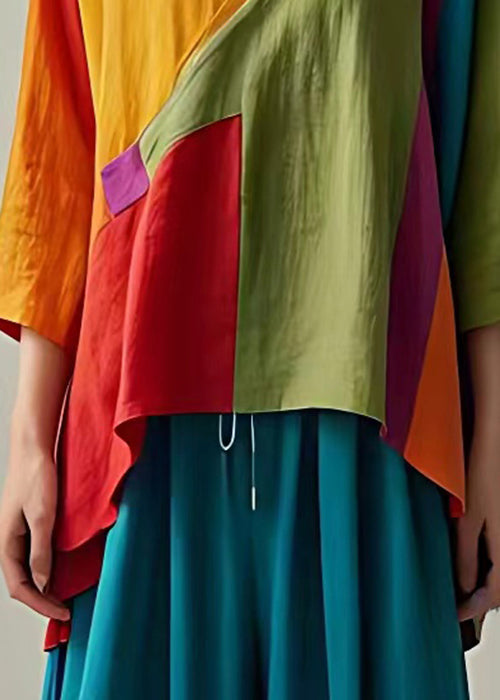Yellow Asymmetrical Patchwork Linen Tops Bracelet Sleeve