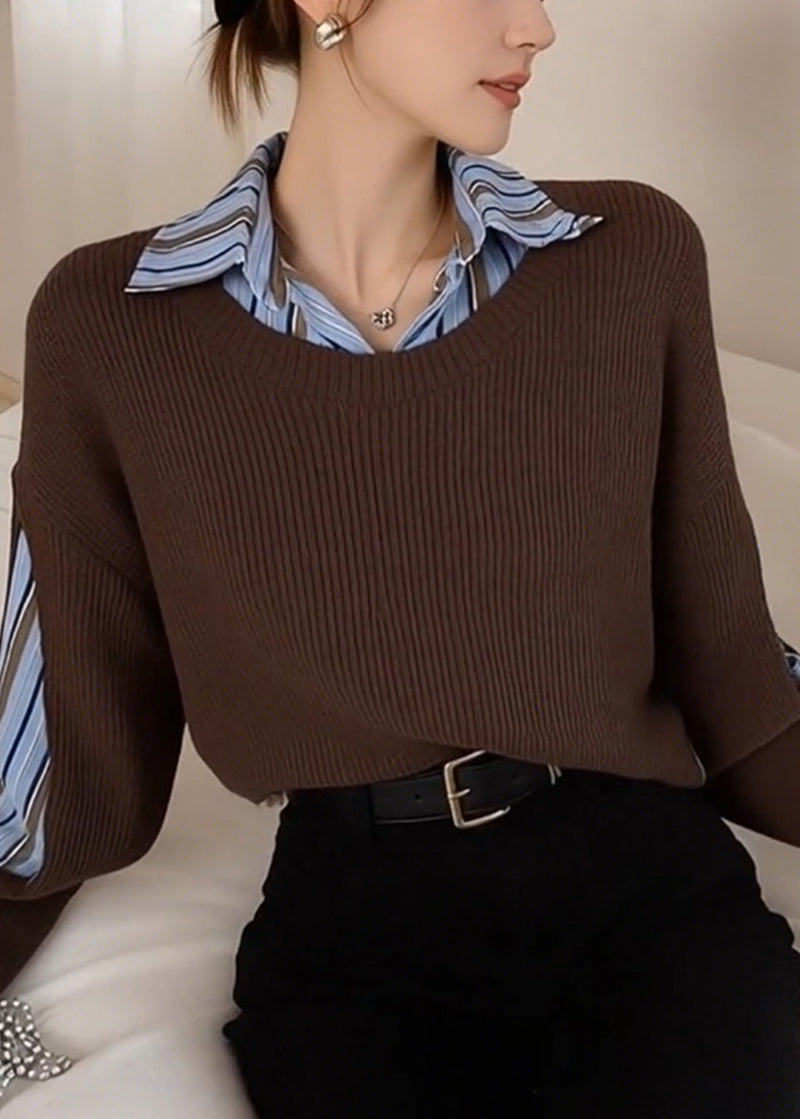 Style Brown Peter Pan Collar Patchwork Knit Fake Two Piece Shirts Spring