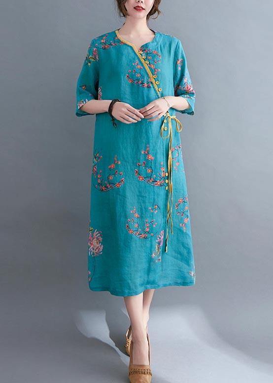 French Blue Print Tie Waist Mid Summer Cotton Dress