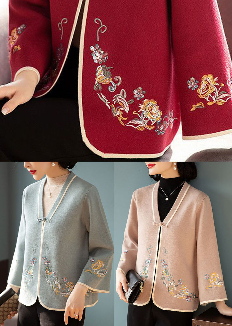 Camel Oriental Woolen Coat Outwear V Neckembroideried Long Sleeve