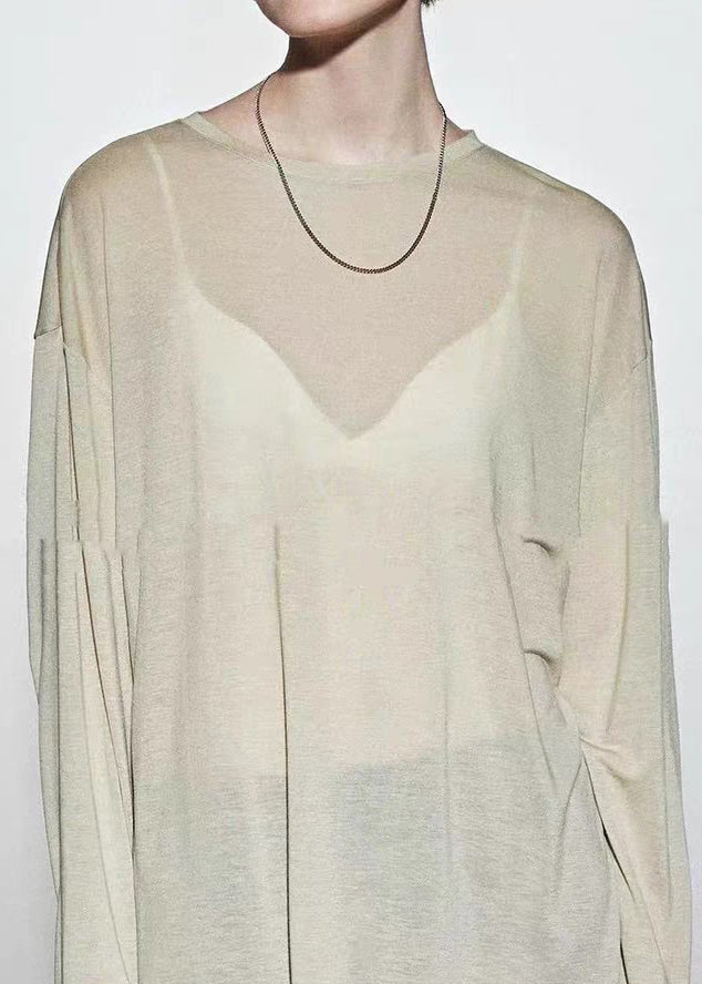Loose Coffee O-neck Patchwork Silk T Shirt Spring