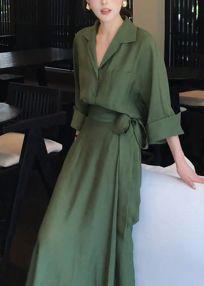 Green Peter Pan Collar Shirts and Skirts Cotton Two Pieces Set Spring