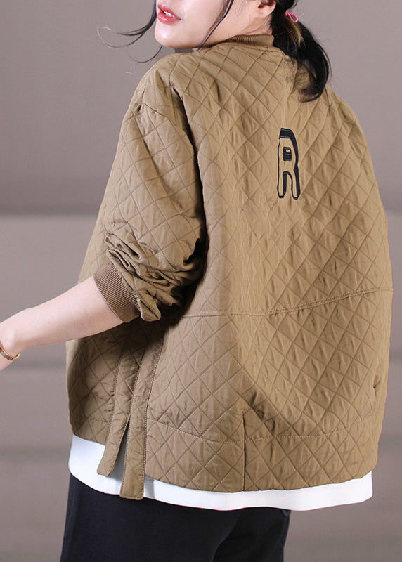 Unique Black O-neck Zippered Pockets Plaid Cotton Coat Long Sleeve