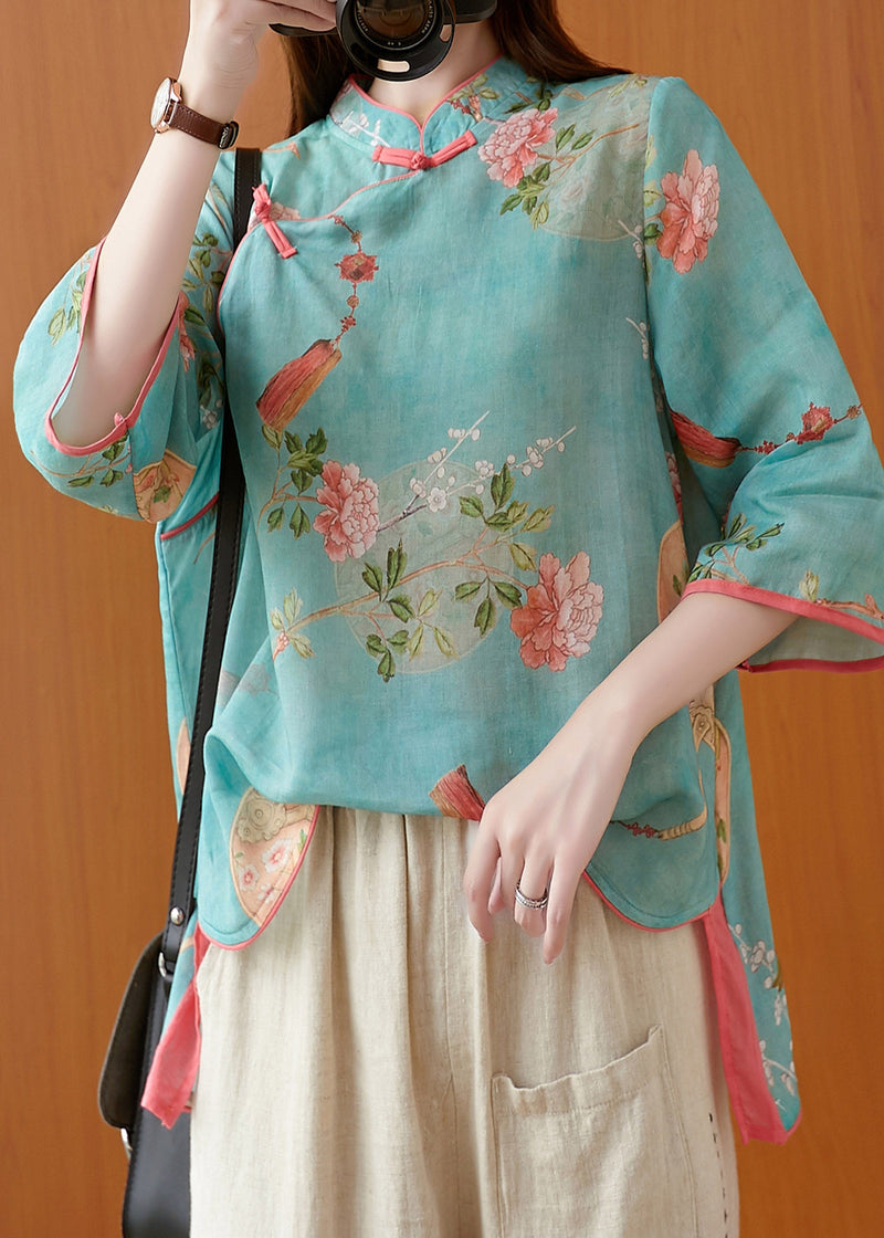 French Green Stand Collar Low High Design Print Linen Blouse Tops Spring
