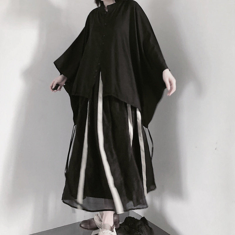 Art Black Clothes for Stand Collar Batwing Sleeve Baggy Shirts