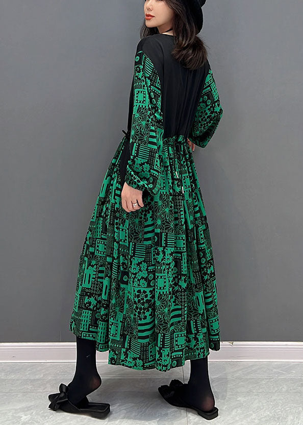 Green O-neck Patchwork Drawstring Cotton Maxi Dresses Fall