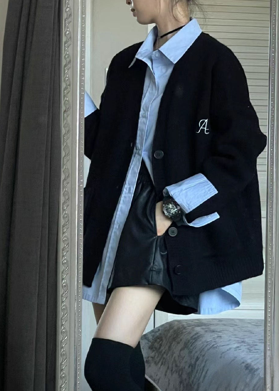 Simple Black V Neck Knit Cardigans and Blue Shirts Two Piece Set Fall
