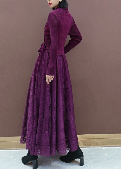 Fitted Purple Tie Waist Peter Pan Collar Knit Tops Lace Skirts Sets Two Pieces Spring