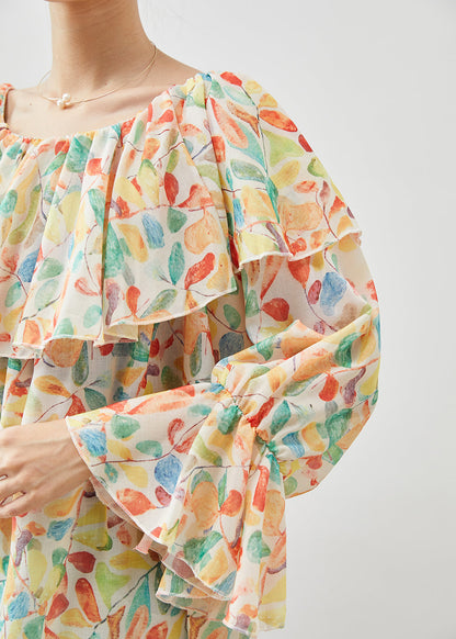Apricot Slash Neck Print Chiffon Blouses Spring