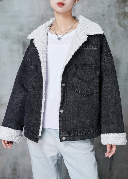 Black Peter Pan Collar Patchwork Warm Fleece Denim Jacket Winter