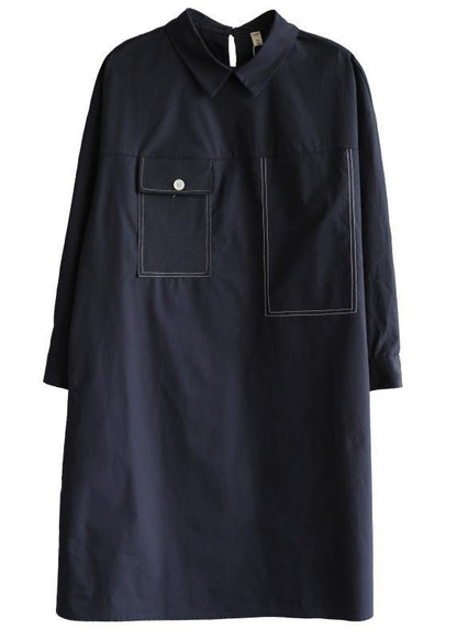 Navy Long Sleeve Peter Pan Collar Cotton Spring Dresses